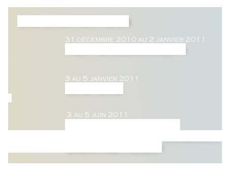 
    ÉVÉNEMENTS À VENIR

                                31 décembre 2010 au 2 janvier 2011
                         Party de Jour l’An 2011

                                
                                3 au 5 janvier 2011
                         Lune Noire


                                 3 au 5 juin 2011
                         Festival Sundari 2011
                         Une Célébration de l’Amour Universel avec ... 
                         Dreamtree Project
