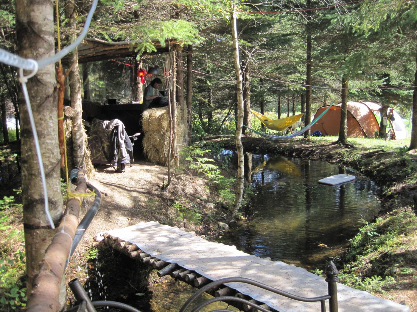Earthdance 2010: the camp, a tent, a hammock over the water.