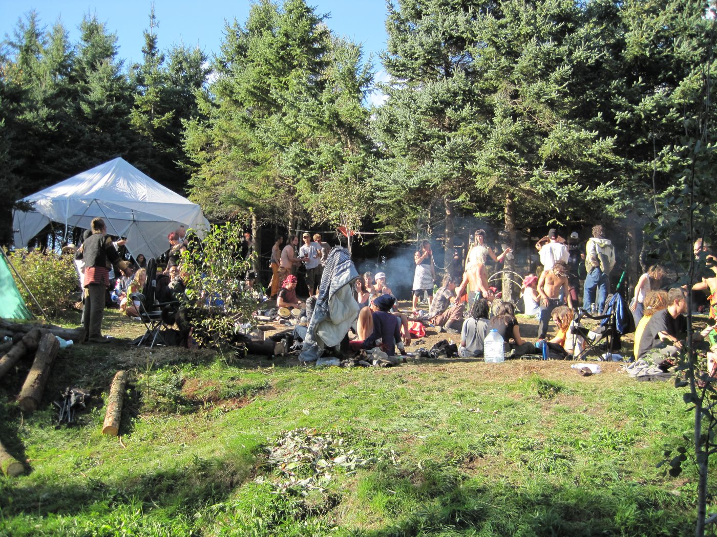 Earthdance 2010: the crowd sitting under the spruces, on September 19.