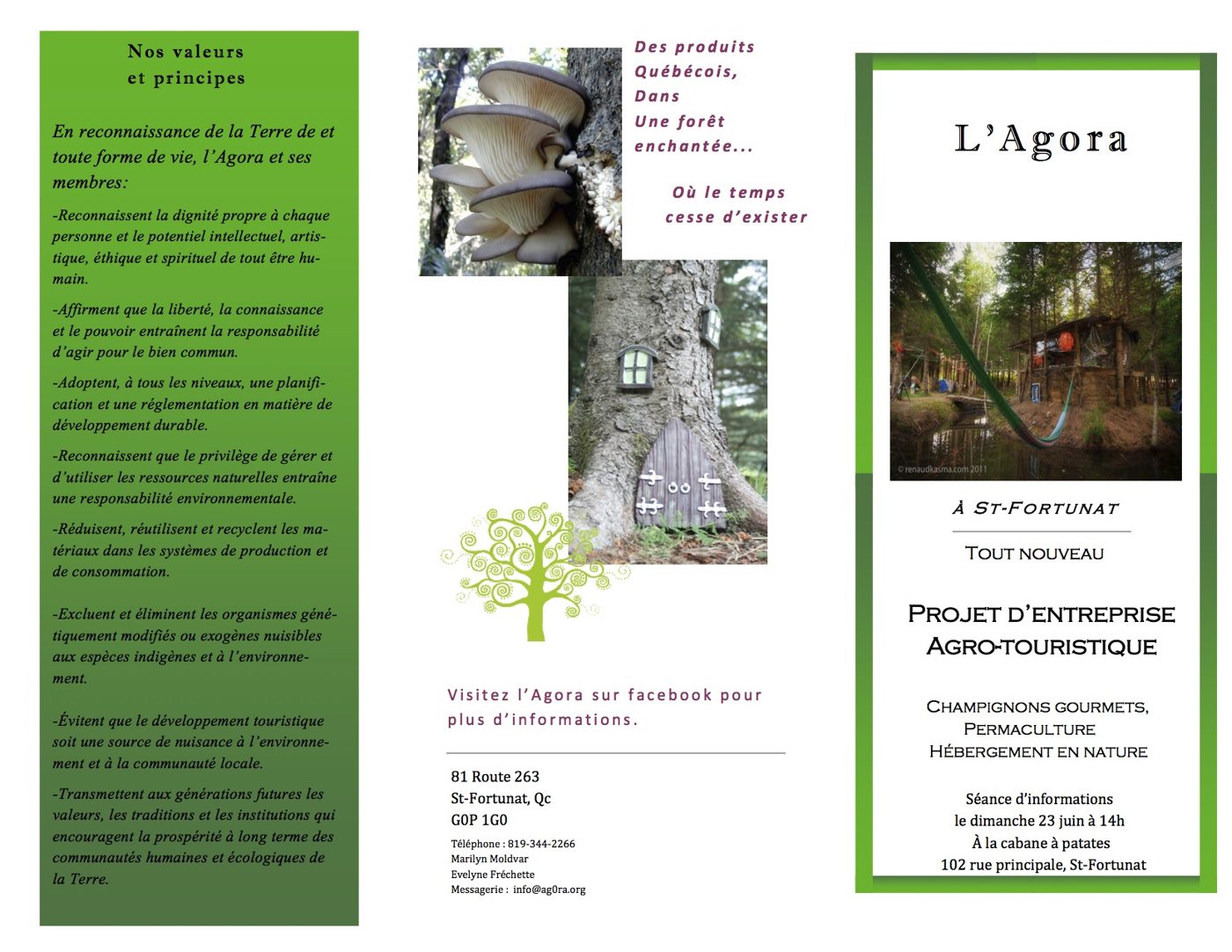 The 2013 brochure, front: "L'Agora, an enchanted forest… where time ceases to exist. A brand new agritourism business project."