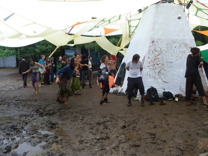 The camp in the mud, on a rainy day.