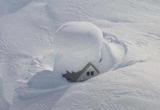 "Too much snow": a buried cabin.