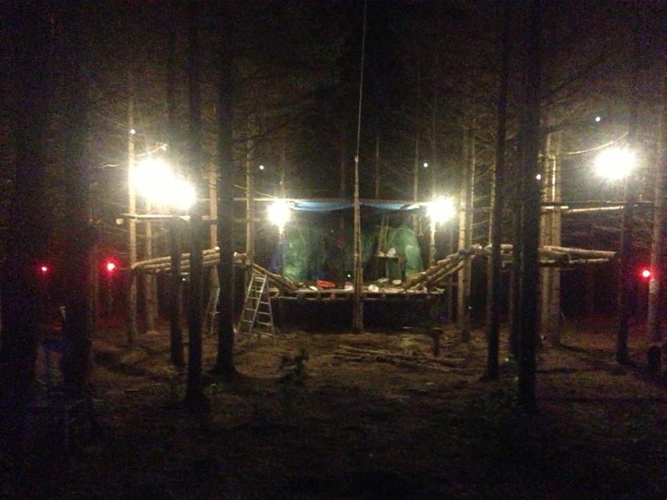 The Neverland under construction, at night, under the floodlights.