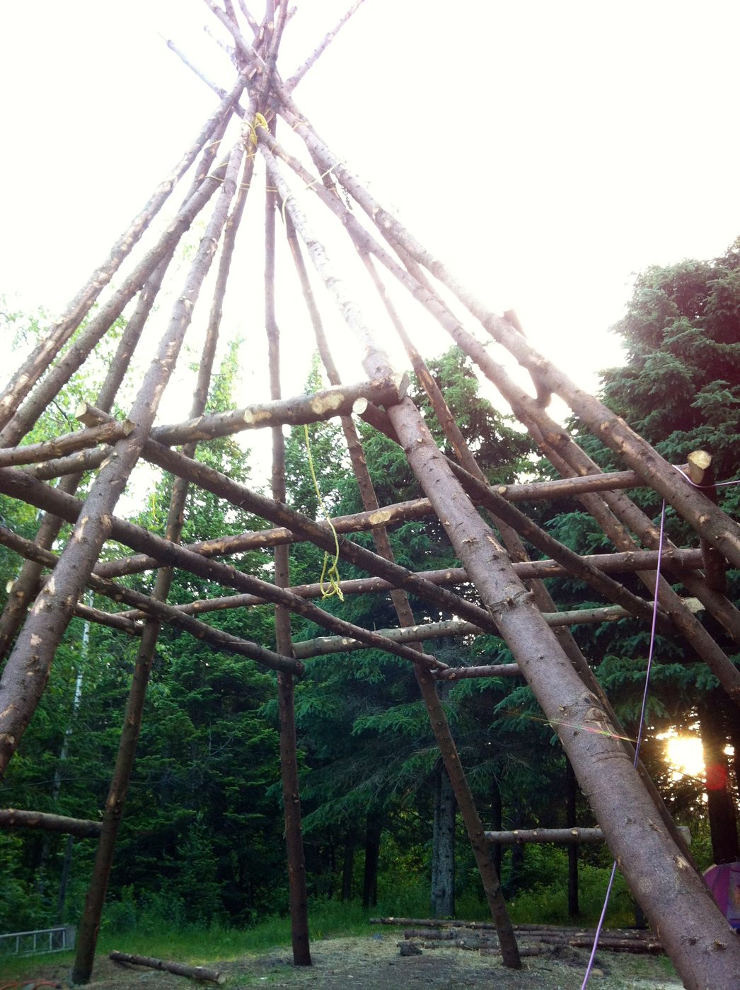 June 2012: the frame of the new mandala tipi, 25 feet high, two floors.